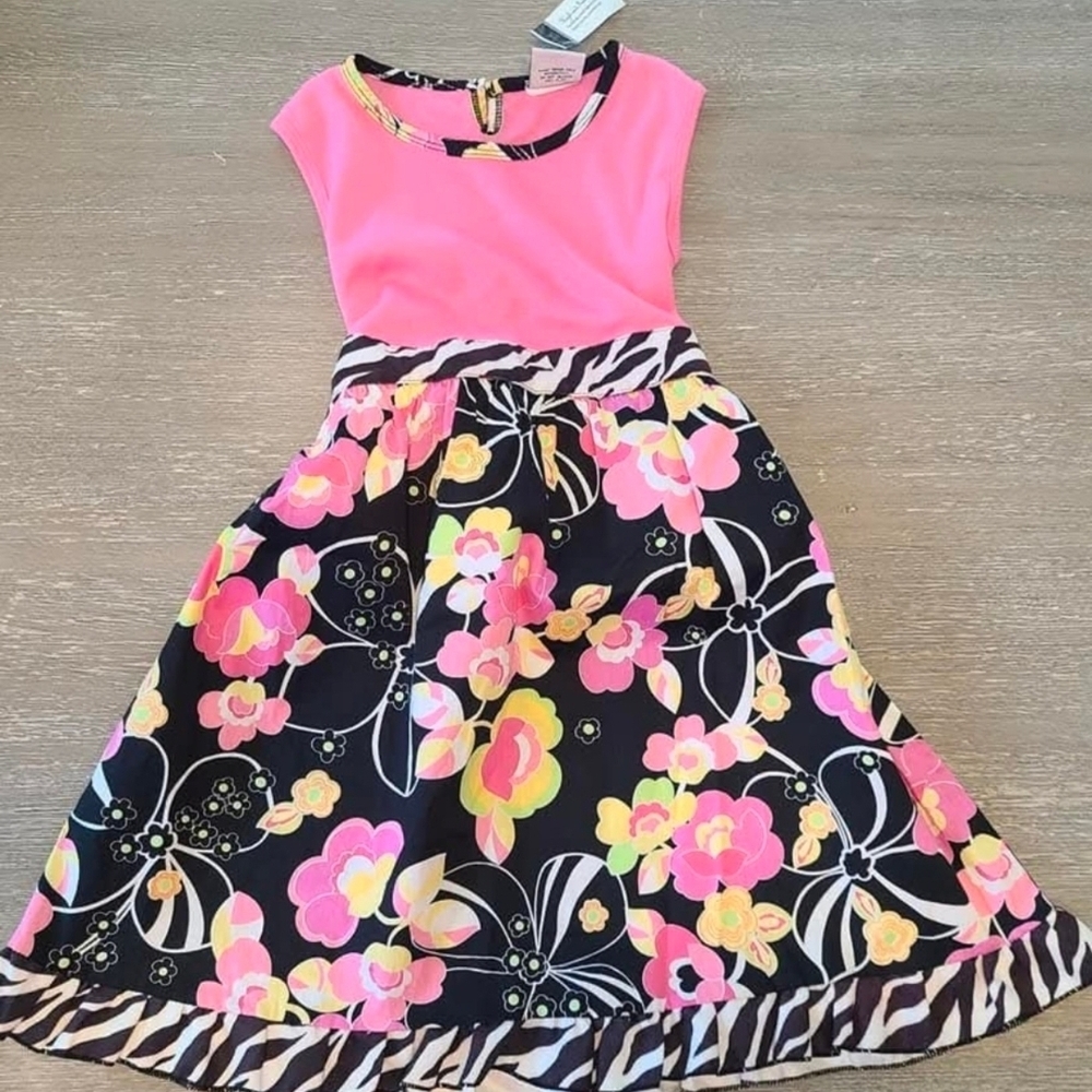 Ann Loren Pink and Black Floral Kids Dress